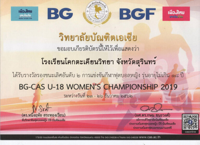 ครูประเสริฐ ดาทอง ผู้ฝึกสอนนักเรียนได้รับรางวัลรองชนะเลิศอันดับ2 ฟุตบอล BG-CAS U18 WOMEN’S CHAMPIONSHIP 2019